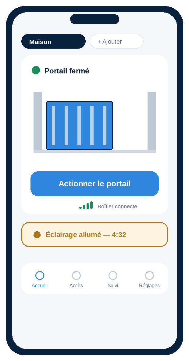L'application ZAP Portail affichant l'état du portail et le bouton d'ouverture
